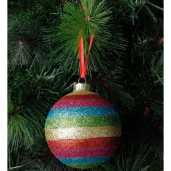 New 😀 Myer Giftorium Merry & Bright Glass Glittered Rainbow Stripe BaubleMulti: 10cm 😀