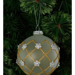 Outlet ⭐ Myer Giftorium Luxe Glass Frosted Bauble With Grid Line & Gems 10cm In White 👏